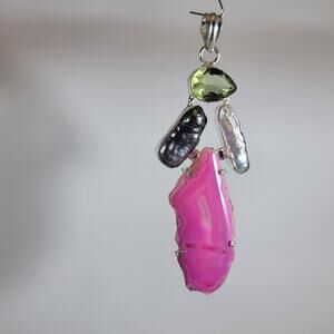 Pink Agate, Peridot & Pearl Sterling Pendant – Handmade Gemstone Jewelry Gift